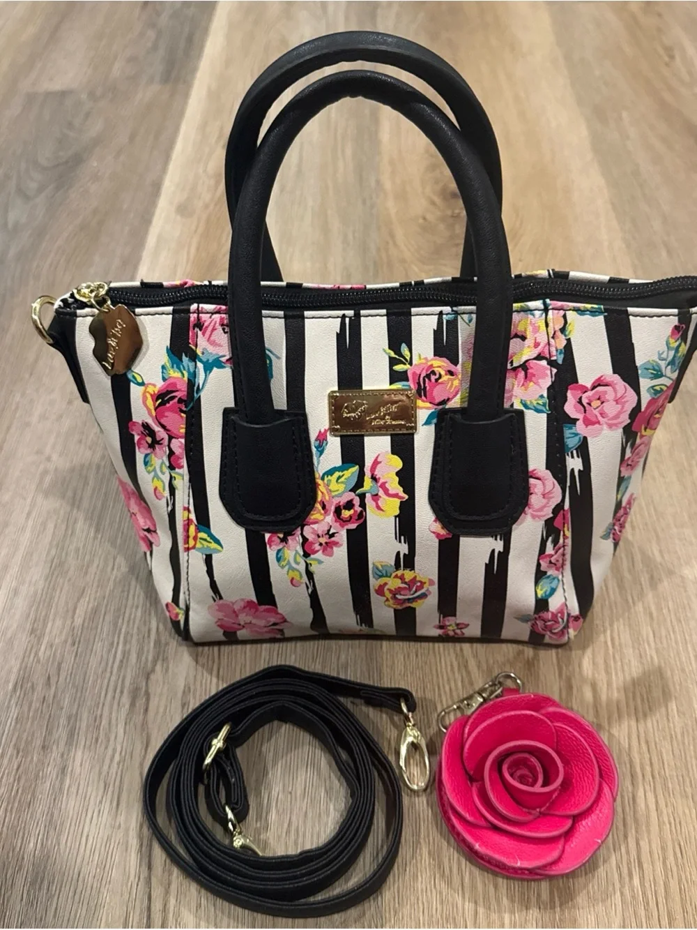 Luv Betsey by Betsey Johnson Mini Satchel Black White Striped Floral Purse Rose